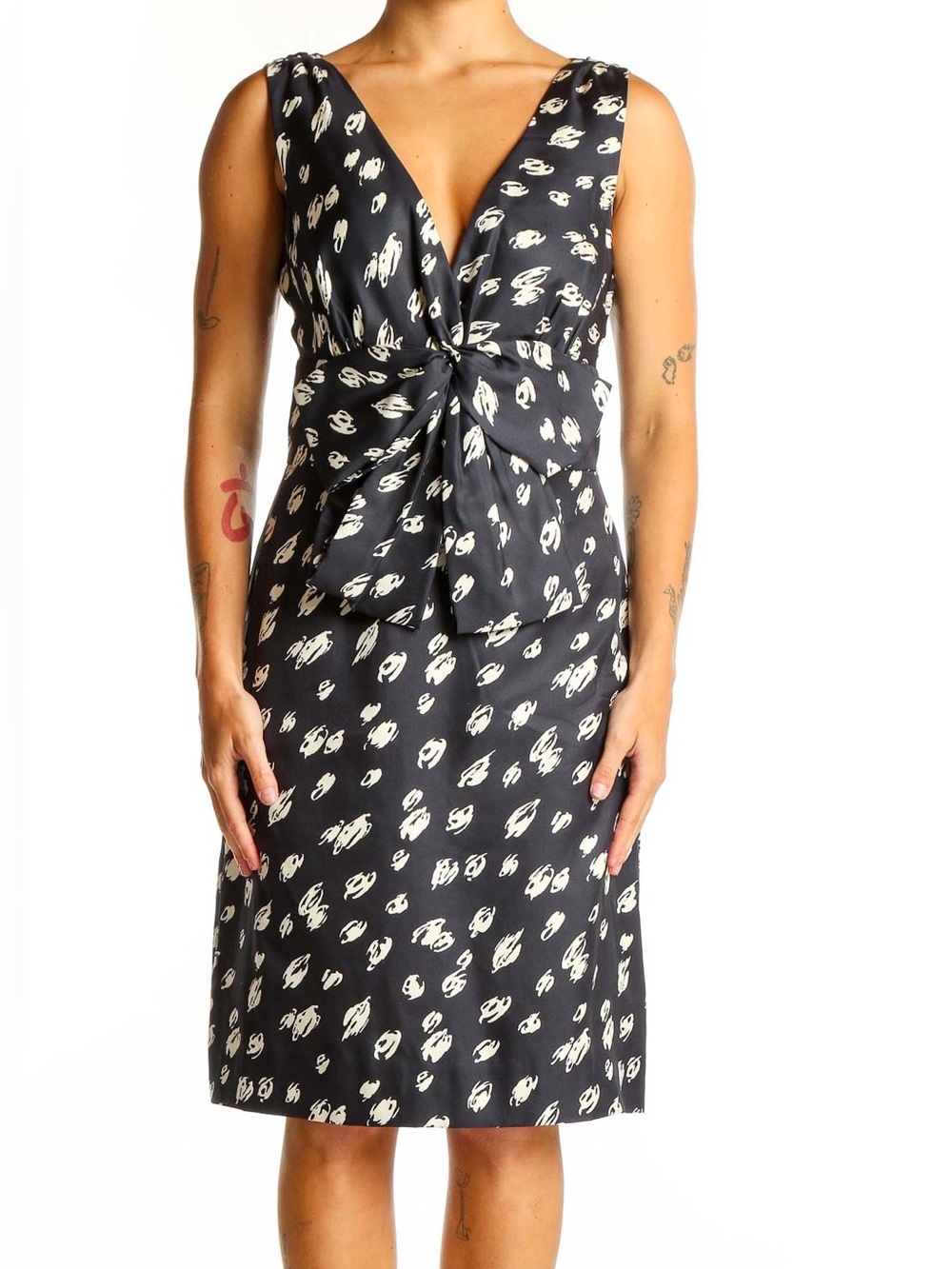 kate spade - Navy and White Print, Bow Knot-Front, Midi 100% Silk Cocktail Dress